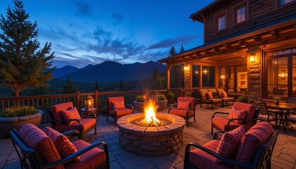 Cozy Evening Gathering: An inviting outdoor patio scene unfolds beneath a twilight sky, featuring a crackling fire pit surrounded by plush seating.