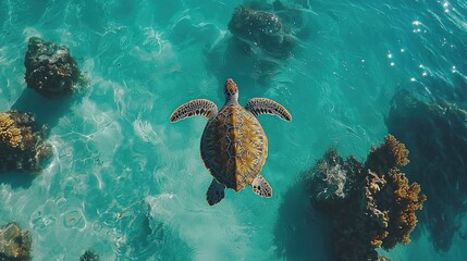 Naklejka premium Graceful Sea Turtle Swimming Over Vibrant Coral Reef Waters