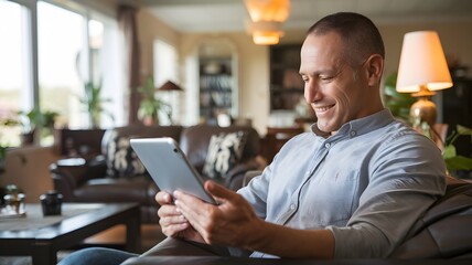 Smiling Man Relaxing at Home Using Digital Tablet Happy Casual Lifestyle Technology Adult Male Comfortable Home Interior Modern Apartment Cozy Living Room Reading News Online Leisure Time Enjoying    