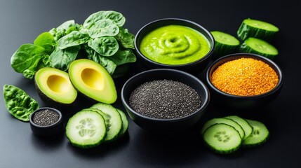 nutritious bowl of arroz integral, topped with avocado slices, cucumber, and a sprinkle of chia seeds