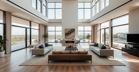 Luxury Residence Interior: Captivating the grandeur of a contemporary luxury residence, the image showcases a vast living area with floor-to-ceiling windows, elegant furnishings.