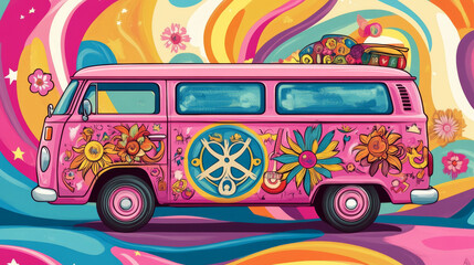 Hippie bus with peace and love label and flowers. Pink vintage van, retro wagon of sixties on colorful psychedelic background. Woodstock musical festival, hippy culture, Cartoon vector illustration