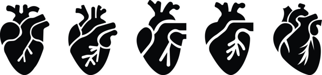 Anatomical heart icon set.Human anatomy internal organ set with brain lung intestine heart kidney liver and stomatch.Healthy Cardiovascular Organ Symbol Collection on White Background and red.