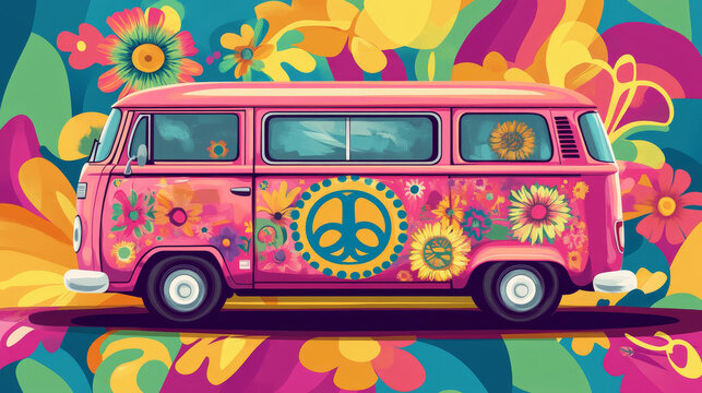 Hippie bus with peace and love label and flowers. Pink vintage van, retro wagon of sixties on colorful psychedelic background. Woodstock musical festival, hippy culture, Cartoon vector illustration - Powered by Adobe
