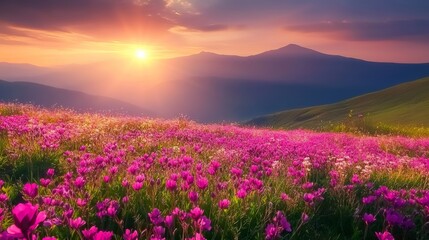 Vibrant spring meadows bursting with colorful blooms under the warm glow of the sun s rays