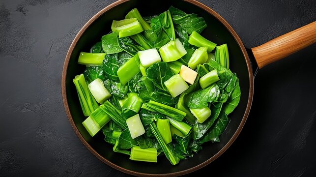 pan of acelga con puerros, simmering with garlic and butter top view on black background