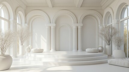 White room, arched windows, sunlight, stage, product display