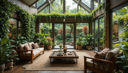 Fototapeta premium Interior Oasis: Serene living space integrated with lush greenery, creating a harmonious blend of nature and design, inviting relaxation and a connection with the outdoors.