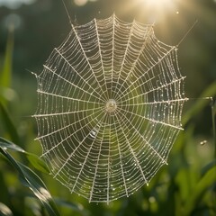 Fototapeta premium Dew-Covered Spider Web in Morning Sunlight