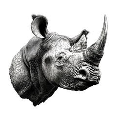 Obraz premium Majestic rhinoceros head sculpture with detailed textures isolated on png transparent background, cut out