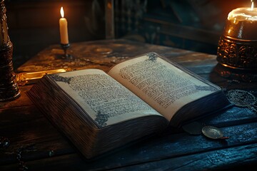 An open book rests on a wooden table, illuminated by candlelight in a  mystical setting 