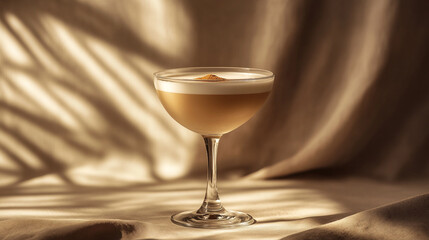 Elegant cocktail glass with froth and cinnamon on luxurious fabric, ideal for upscale bar promotions