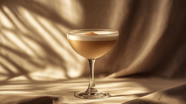 Elegant cocktail glass with froth and cinnamon on luxurious fabric, ideal for upscale bar promotions