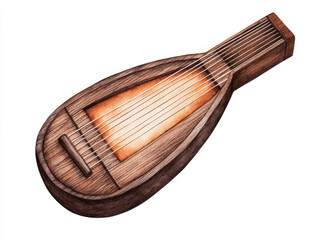Wooden stringed dulcimer with warm, artistic watercolor effect isolated design on white background