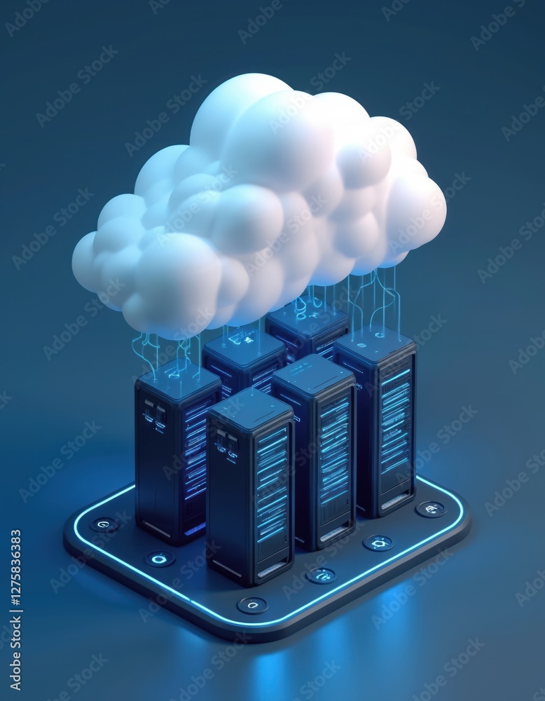 Poster 3d isometric illustration shows server cloud data center on blue background. cloud floats above serv