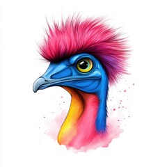 Obraz premium Vibrant and Colorful Illustration of a Cassowary Bird with Bright Blue and Pink Feathers on a White Background