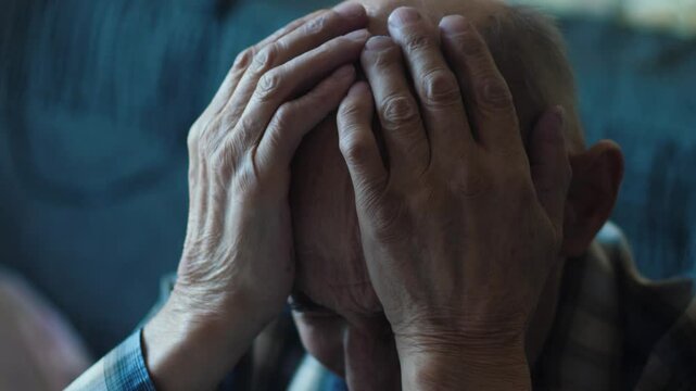 an elderly person 75-80 years old holds his head with his hands, suffering from pain and melancholy, being inside, a pensioner worries about losing money or grieves for the dead