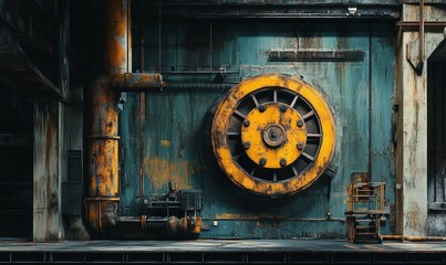 Obraz premium Rusty industrial machinery with large yellow wheel and pipes.