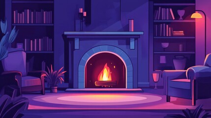 Fototapeta premium Cozy Living Room Illustration with Warm Fireplace and Modern Decor