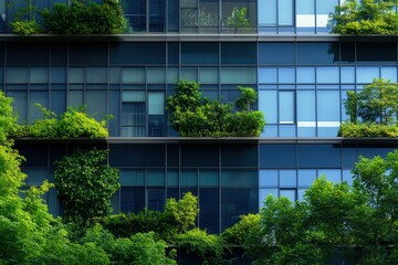 Fototapeta premium A contemporary urban office building with a glass faade, green terraces . A building adorned with lush green plants flourishing on its windows, enhancing its natural beauty .