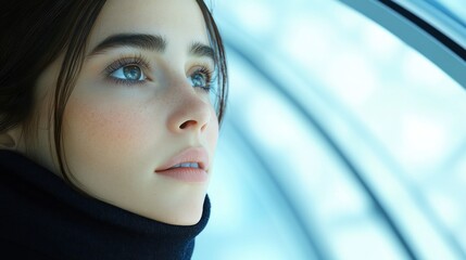 Woman gazing futuristic window, pensive