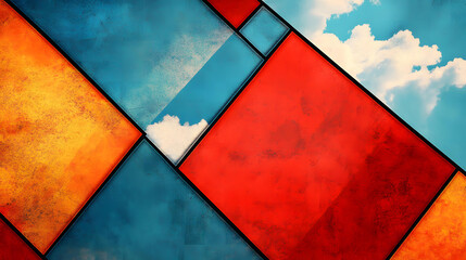 Fototapeta premium Abstract Geometric Artwork Featuring Vivid Red Orange and Blue Colors with a Sky Background