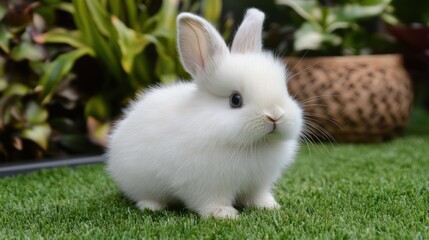 White bunny sitting garden greenery pet