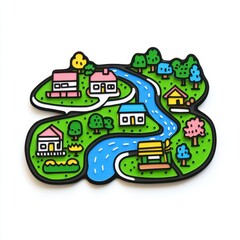 Colorful landscape illustration with houses, river, trees, and playful design elements for creative projects