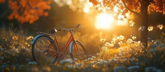 Sunset bike ride through meadow of flowers. Retro bicycle and sunlit, pastoral scene. Golden hour and tranquil landscape.