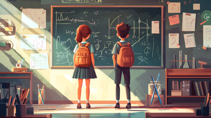 Back to school cartoon posters with girl and boy students wearing schoolbags stand in classroom with blackboard, chemistry and mathematics studying equipment. Education, knowledge vector illustration