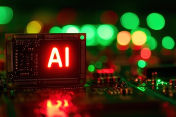AI Concept With Red Neon Sign On Circuit Board Background