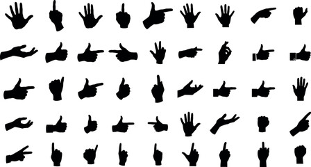 Diverse hand gestures in black silhouette style showcasing communication and expression in flat vector art