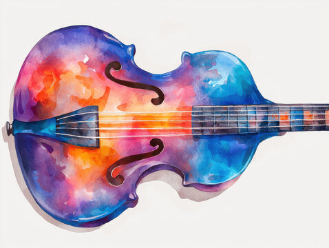 Vibrant watercolor painting of large string instrument with glowing colorful design isolated design on white background