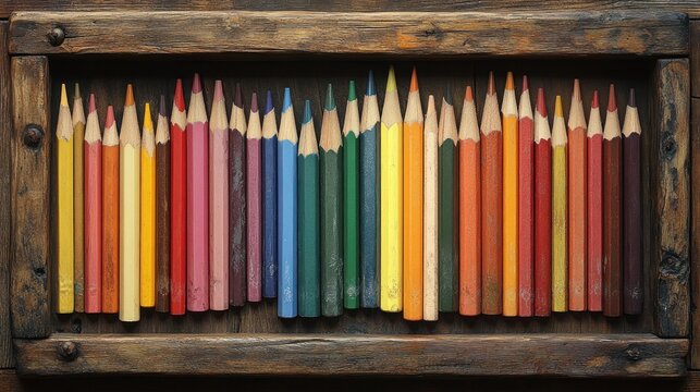Wooden box, colored pencils, art supplies, studio background, education