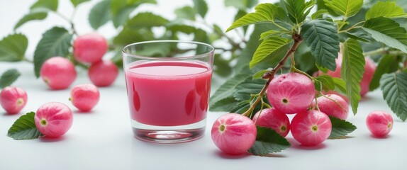Fresh Organic Gooseberries and Glass of Juice on White Background Healthy Beverage and Antioxidant Fruit Concept