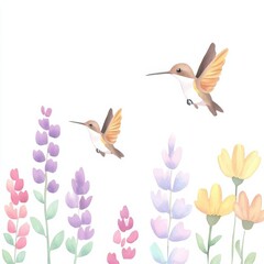 Obraz premium Charming illustration of hummingbirds and colorful flowers.