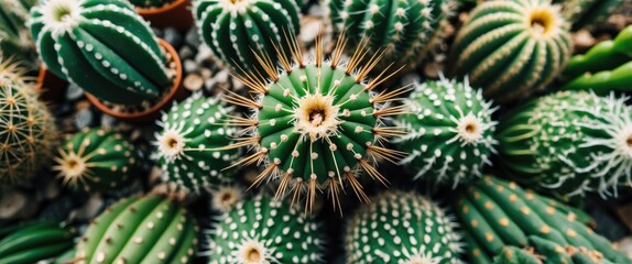 Top view of multiple cacti with vivid green hues and distinct needles showcasing nature's beauty and providing space for text insertion.