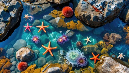 Vibrant Tide Pools Featuring Colorful Marine Life Including Starfish Sea Anemones and Crabs Amid Rocky Shoreline and Crystal Clear Water