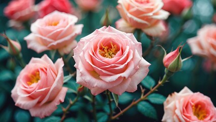 Dainty Bess Light Pink Roses with Salmon-Pink Shading Surrounded by Green Foliage and Copy Space for Text
