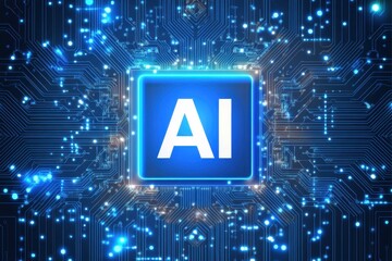 Blue Background with AI Symbol in Abstract Circuit Design Concept