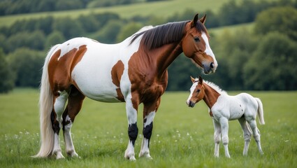 Fototapeta premium Mother and Foal Horses in Lush Green Meadow with Rolling Hills and Trees in Background on a Sunny Day
