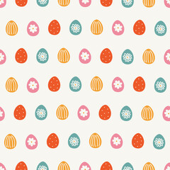 Easter seamless pattern with colorful eggs on white background. Perfect for wallpaper, gift paper, spring greeting cards. Vector hand drawn illustration