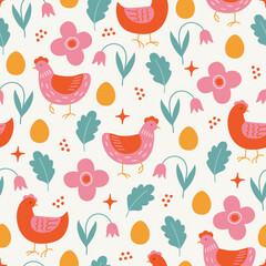Easter seamless pattern with hens, flowers, eggs, leaves, stars on white background. Perfect for wallpaper, gift paper, spring greeting cards. Vector hand drawn illustration