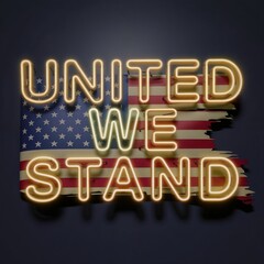 Stylized American flag with a distressed effect, overlaid with glowing neon text 'UNITED WE STAND' on a dark background, emphasizing unity and pride.