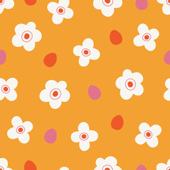 Easter seamless pattern with flowers and eggs on yellow background. Perfect for wallpaper, gift paper, spring greeting cards. Vector hand drawn illustration