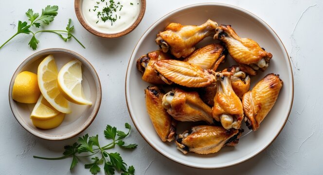Delicious Roasted Chicken Wings Served with Lemon Slices and Creamy Dip in a White Plate on a Bright Surface with Copy Space for Text - Powered by Adobe