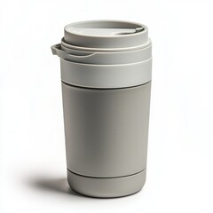Obraz premium Stylish gray reusable coffee cup with lid isolated on white, promoting sustainable lifestyle and perfect for coffee, tea, or any beverage on-the-go.