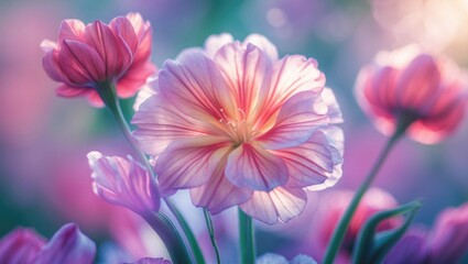 Fototapeta premium Delicate Blossom with Soft Petals in Pastel Hues Surrounded by Blooming Flowers in a Dreamy Nature Setting
