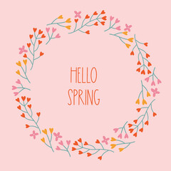 Easter greeting card with flowers on light background. Perfect for seasonal holidays and decorations. Hello spring. Hand drawn frame, wreath