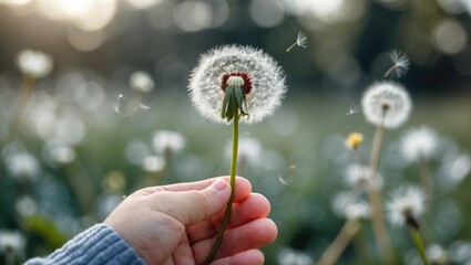 Fototapeta premium Child's Hand Holding Dandelion Flower with Fluffy Seeds in Blurred Outdoor Nature Scene